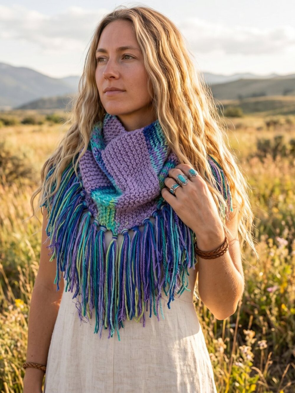 NEW Hand Knitted Boho Cowl Scarf Purple Multi Cottage Artsy Indie Whimsy Cottage